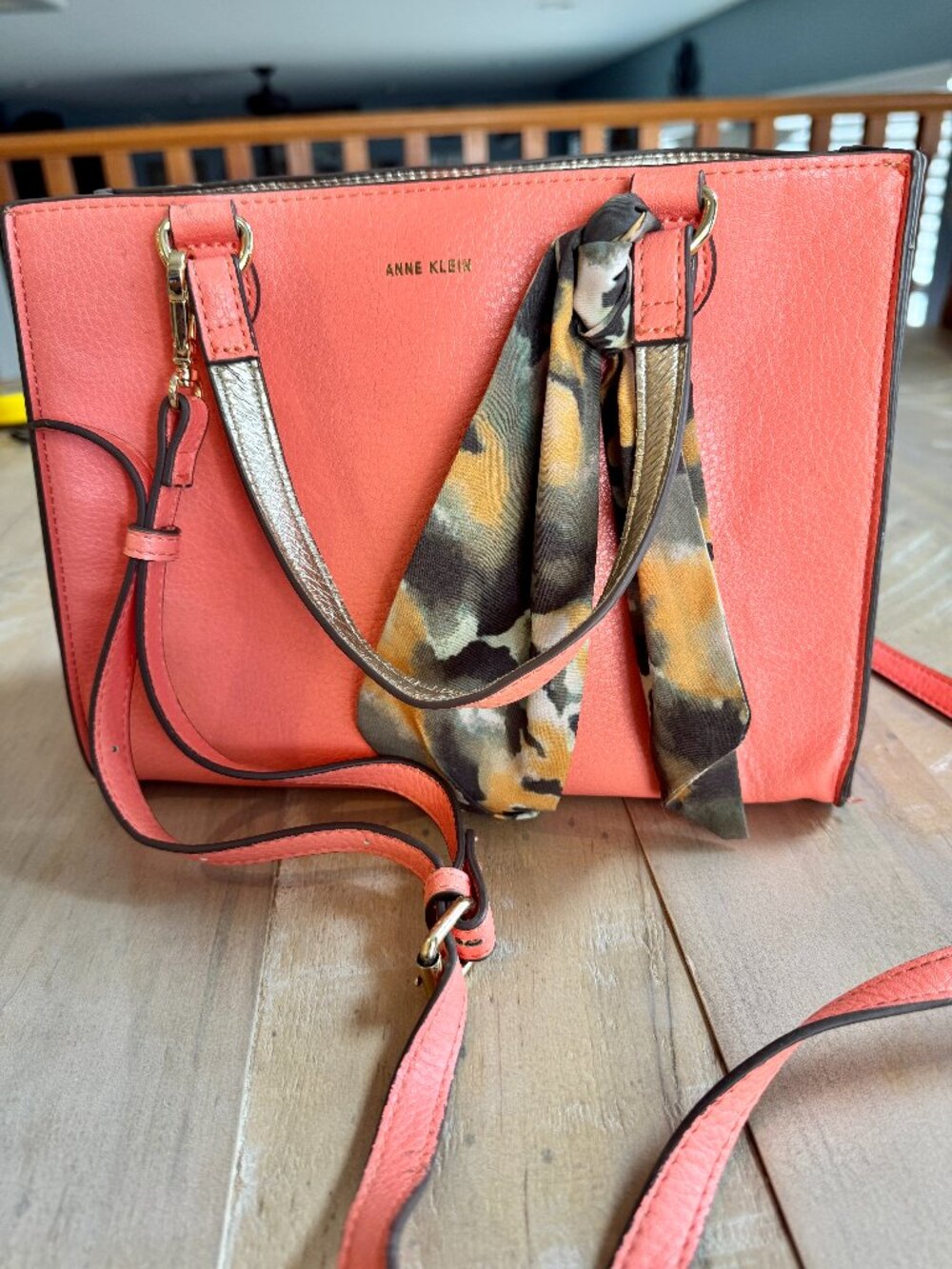 Anne Klein Coral Pink Structured Satchel Tote Bag Crossbody with Scarf Accent
